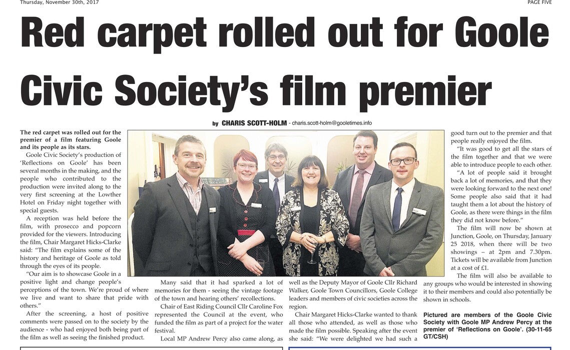 Goole Times coverage of Goole Civic Society film premiere