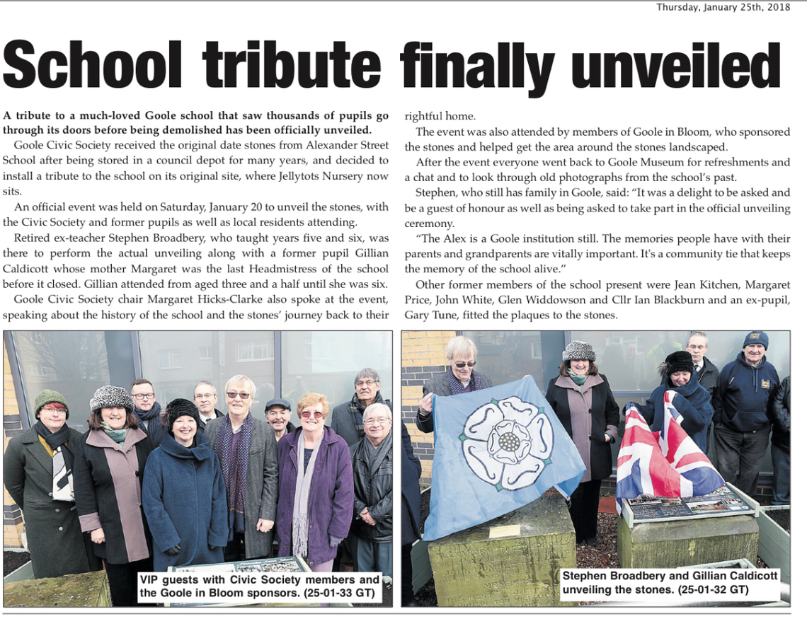 Goole Times coverage of Alexandra St stone unveiling