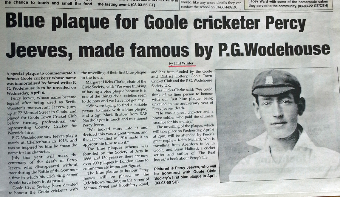 Press coverage of Blue Plaque to remember cricketer Percy Jeeves