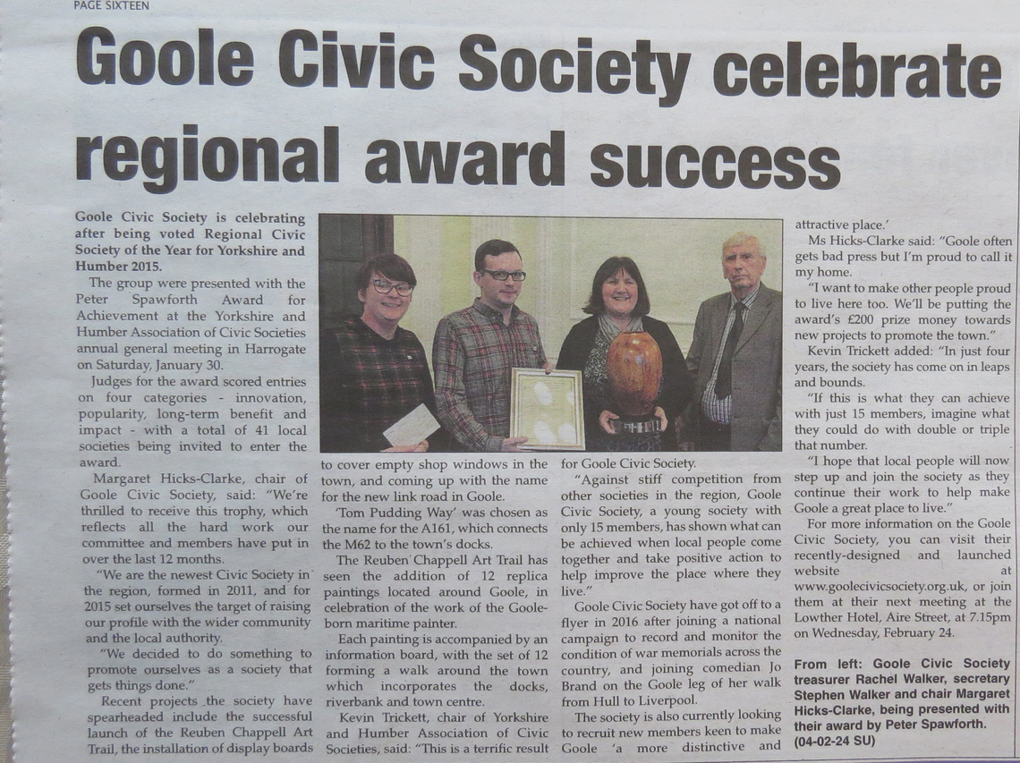 Goole Civic Society wins regional award for Yorkshire and Humber