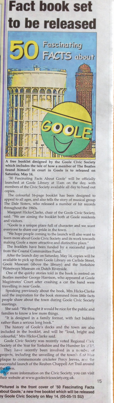 Goole Times article on release of 50 Fascinating Facts About Goole book