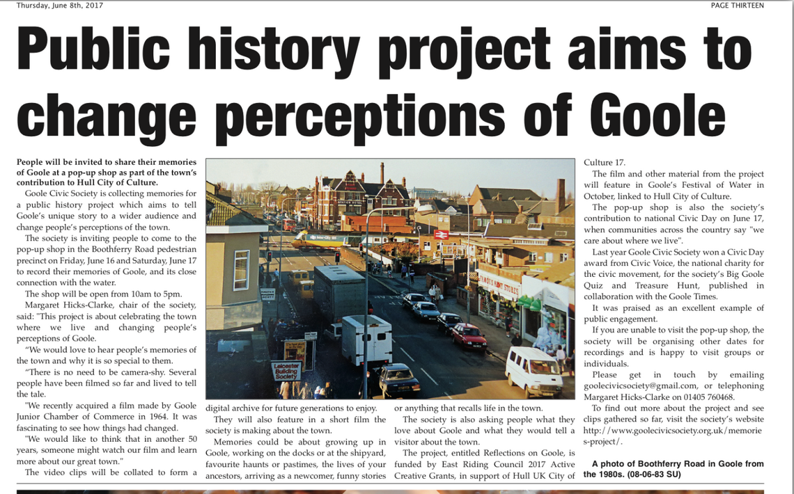 Coverage in Goole Times of video history project