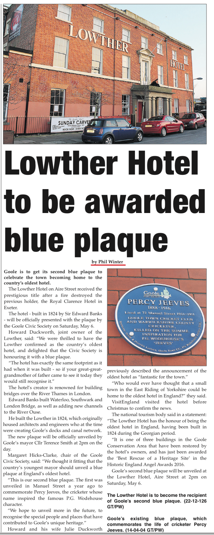 Lowther Hotel,Goole, East Riding of Yorkshire, to get Civic Society Blue Plaque as England's oldest hotel