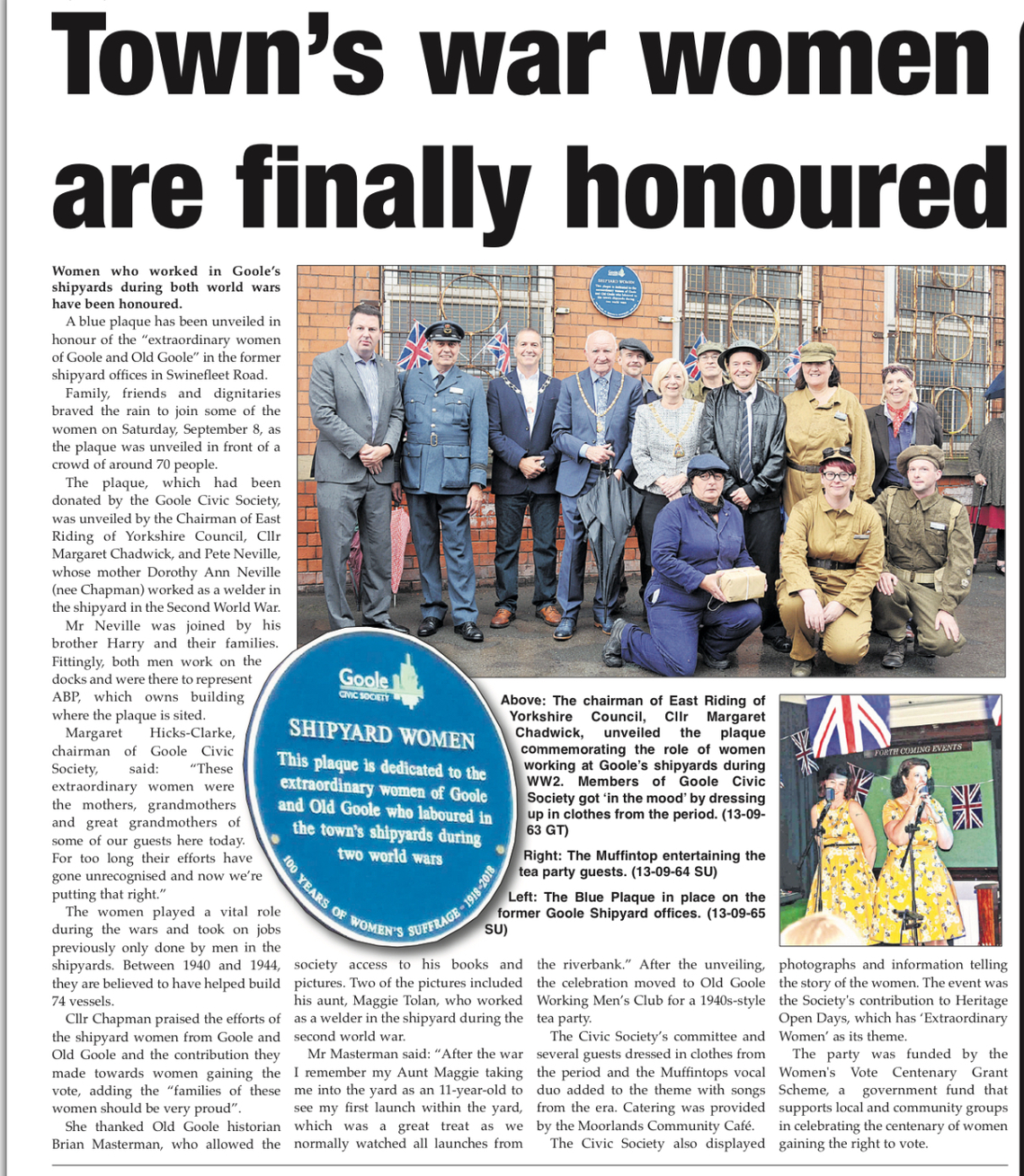 Goole Times coverage of Shipwomen's Blue Plaque unveiling