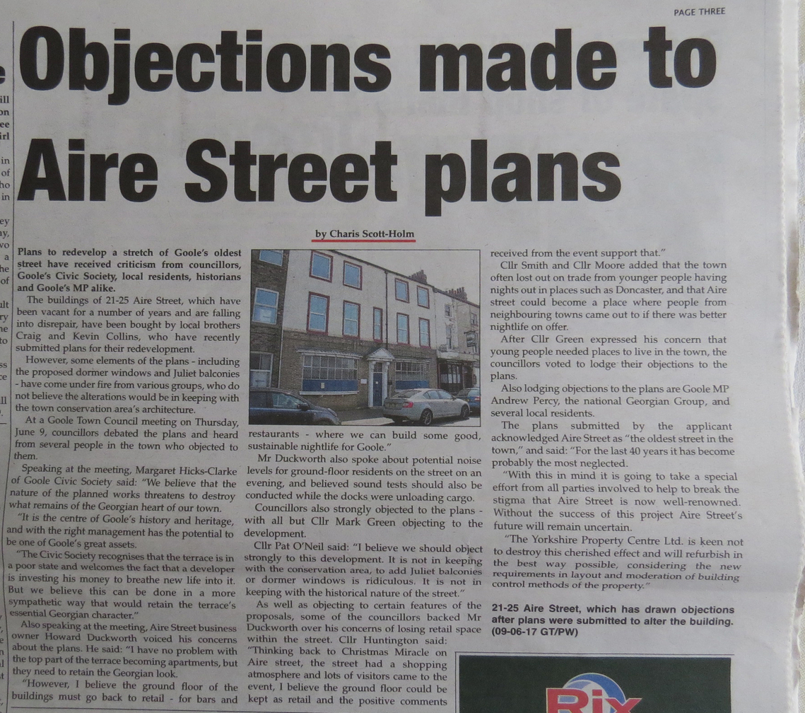 Goole Times coverage of Civic Society objections to Aire Street plans