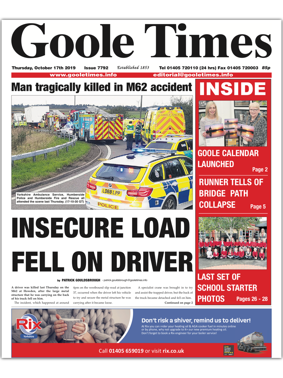 Goole Times article front 17 10 19