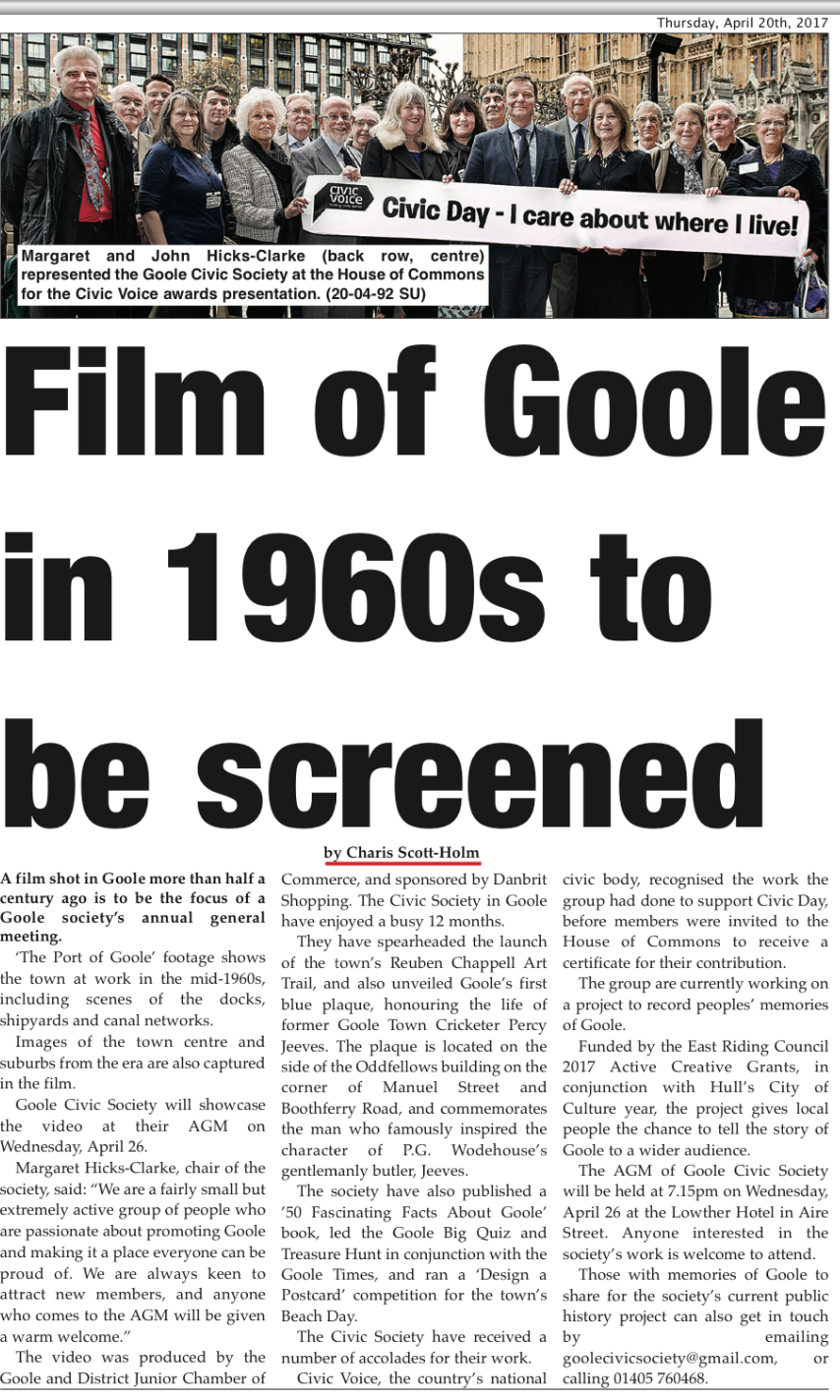 Goole Times coverage of screening of historic film as Civic Society annual general meeting