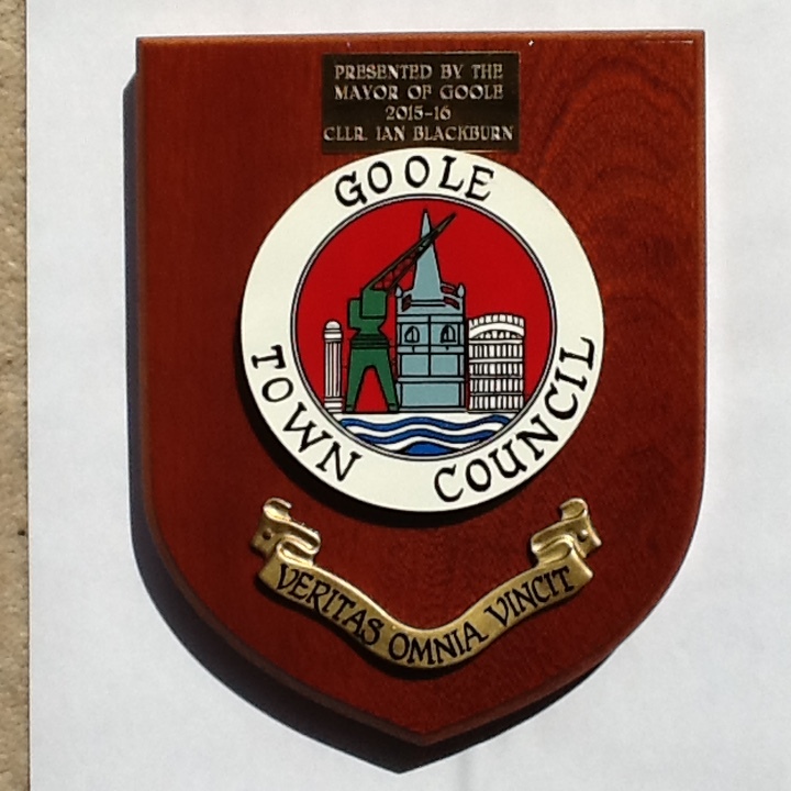 Mayor of Goole's plaque awarded to Goole Civic Society to thank them for their efforts for the town's