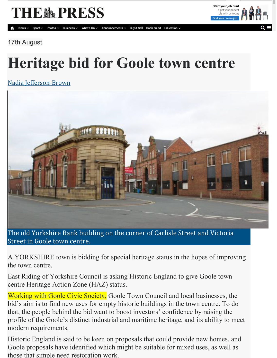 Press coverage of bid for Historic England Heritage Action Zone